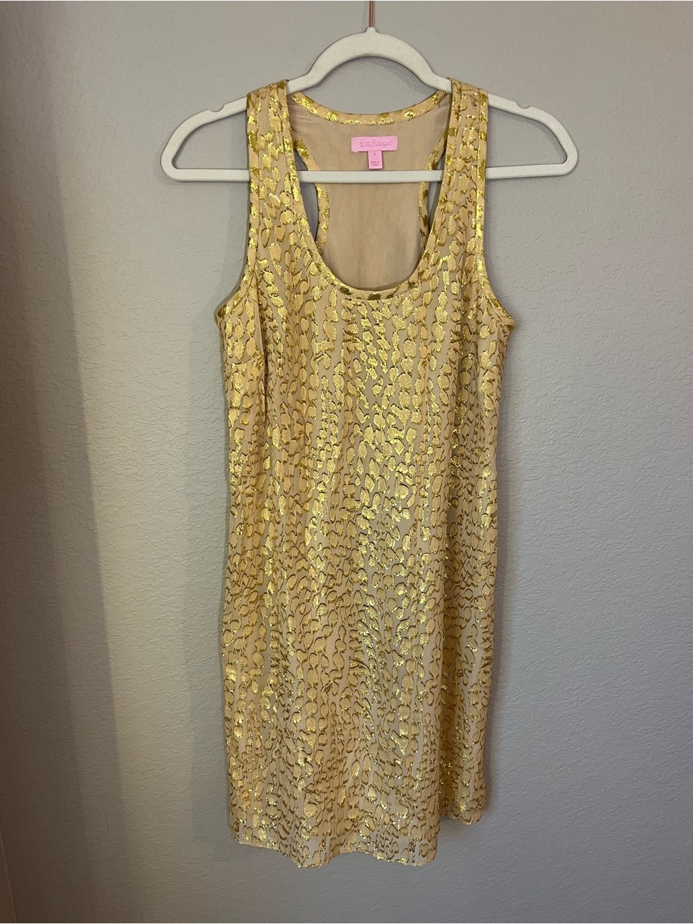 NWOT Lilly Pulitzer Gold Metallic Silk Leopard Shift Dress Small